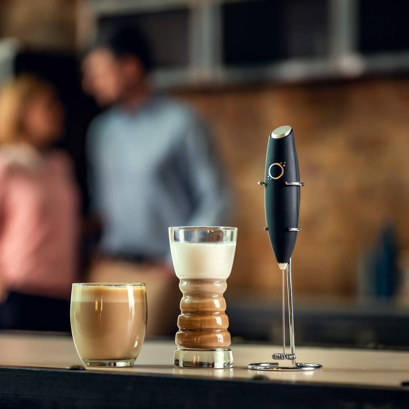 Unicoff Handheld Milk Frother with Stand - Electric Drink Mixer for Coffee Latte Cappuccino Matcha Tea - Battery Operated Stainless Steel Whisk Wand - Mini Foamer for Protein Shakes Hot Chocolate (Black) - Image 3